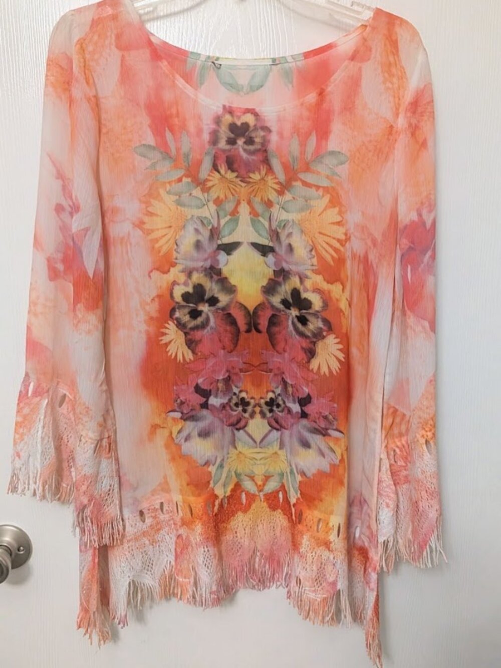 Mushka by Sienna Rose Pink and orange floral fringed cover up tunic top Size L